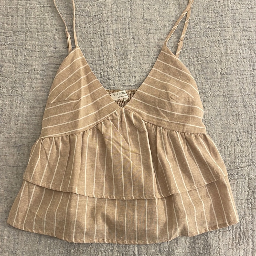 Beautiful Tan and White Linen and Cotton Sleeveless Top